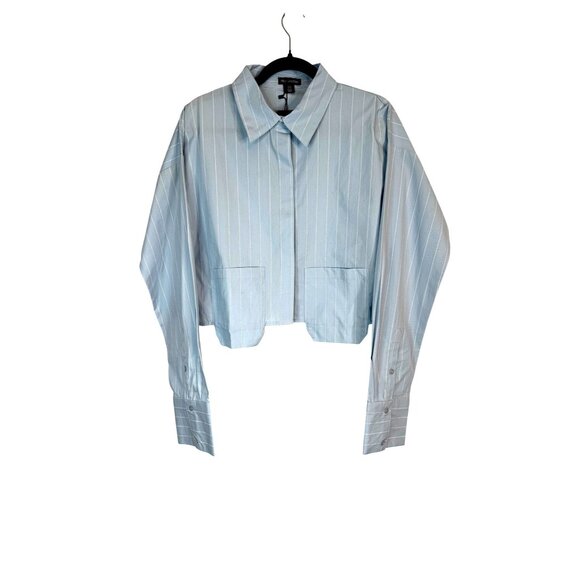 NWT PrettyLittleThing Size 10 Poplin Blue Pinstripe Pocket Detail Cropped Shirt - Picture 5 of 13
